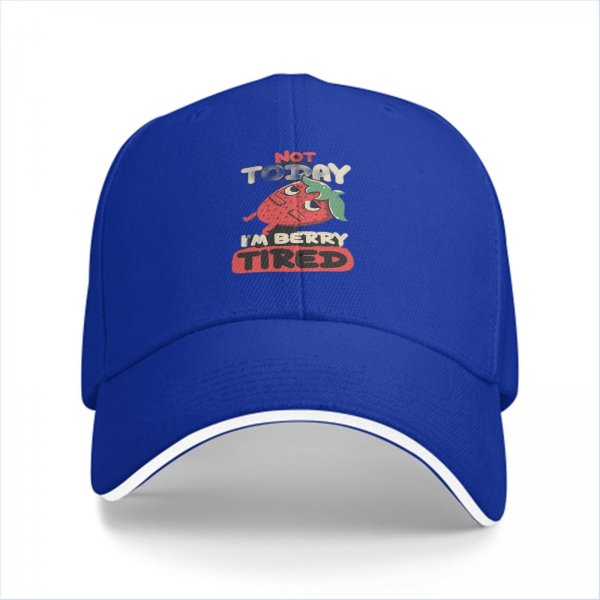 Black baseball cap with 'Not Today I'm Berry Tired' strawberry graphic