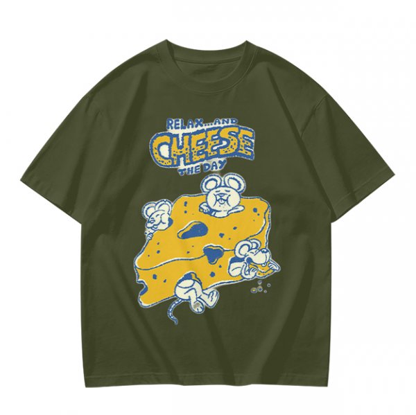 Olive graphic t-shirt with 'Relax and Cheese the Day' and mice on cheese