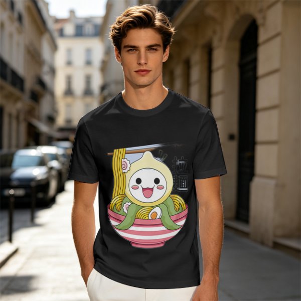 Owl-like character in ramen bowl graphic olive green t-shirt