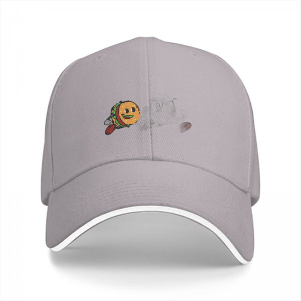 Black baseball cap with a cartoon flying burger graphic