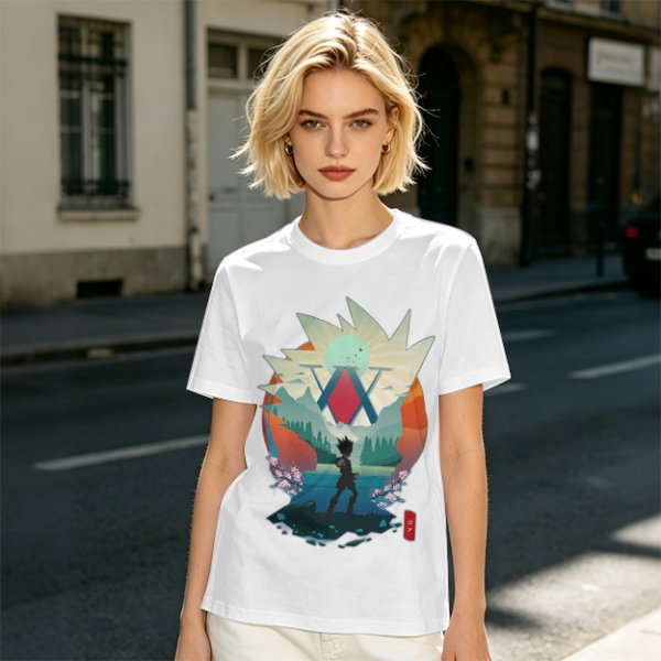Hunter x Hunter Anime Graphic Tee with Sunset Landscape Art