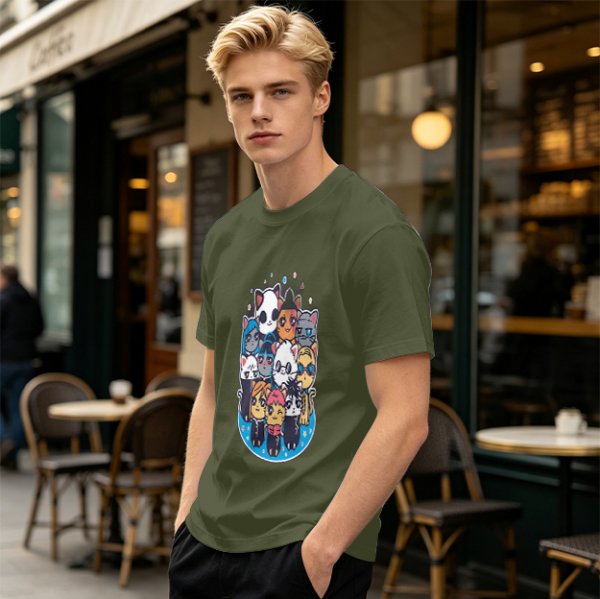 Olive T-Shirt With Cute Chibi Cat Character Group Print