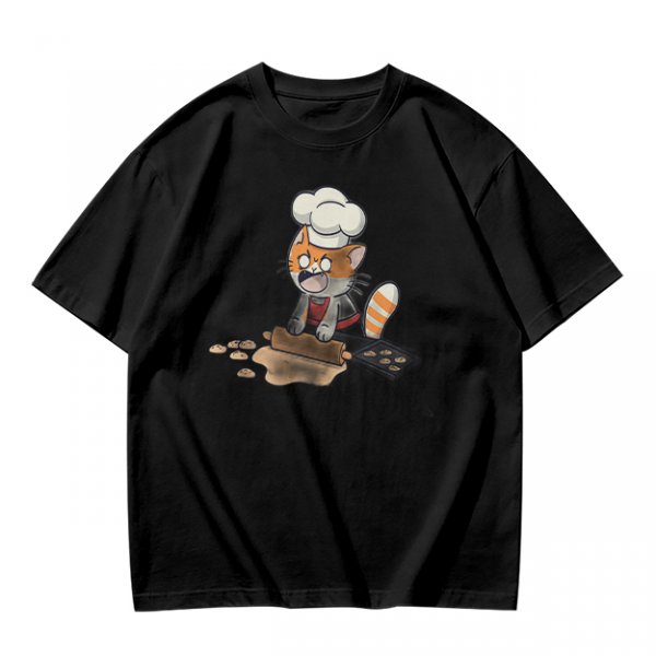 Olive T-shirt with a stressed cartoon cat baking cookies