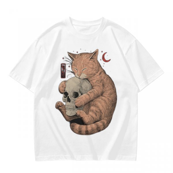 Olive T-Shirt Featuring a Ginger Cat Hugging a Skull