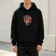 Black hoodie with chibi dragon and martial arts character graphic