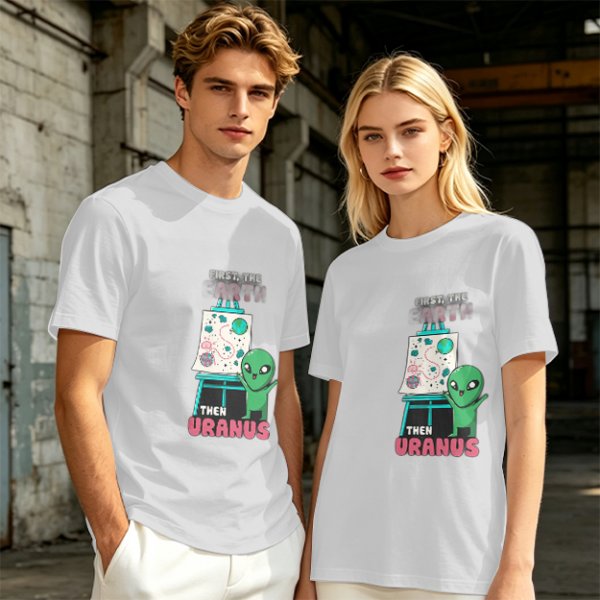 Olive green graphic tee with alien painting 'First the Earth Then Uranus'