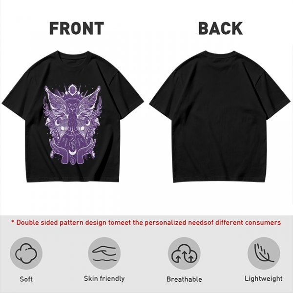 Olive T-Shirt with Celestial Cat Moth and Mystical Hands Print