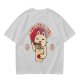 Olive green t-shirt with a cartoon cat eating instant ramen