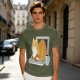 Olive T-Shirt with a Sleeping Cat on a Laptop Print