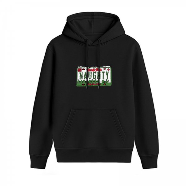 Black Hoodie With Christmas Naughty License Plate Graphic