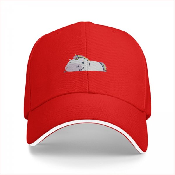 Black Baseball Cap With Chubby Lying Unicorn Rainbow Print