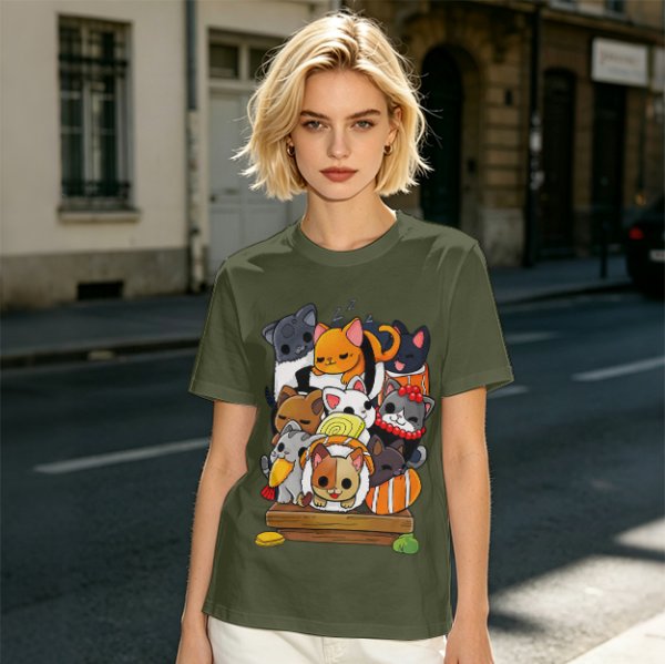 Olive T-Shirt With Cute Sushi Cat Stack Graphic Print