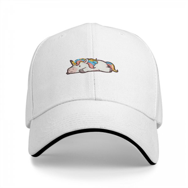Black baseball cap with a cute lying rainbow unicorn graphic