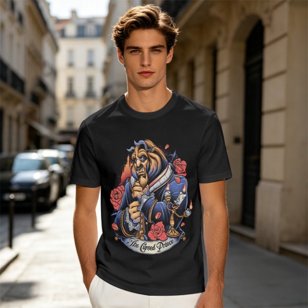 Olive T-shirt featuring The Cursed Prince Beast with roses and candelabra