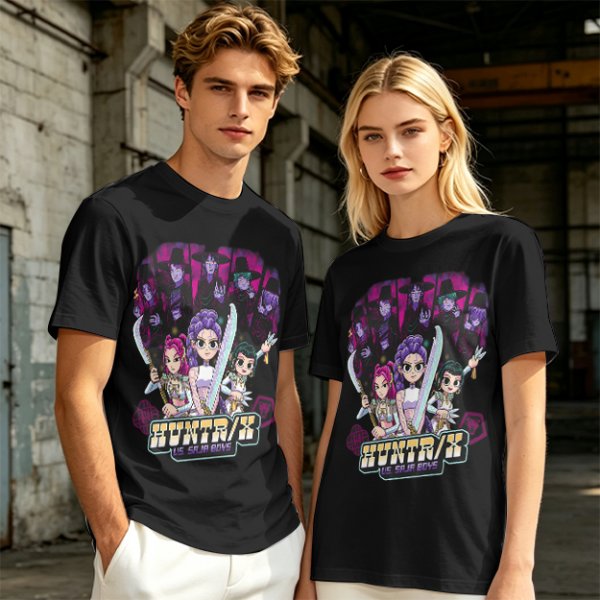 Olive Graphic Tee with Anime Hunter Characters and Huntr/X Text
