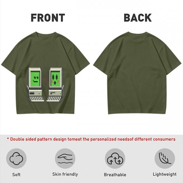 Olive T-shirt with pixel art retro computer characters print