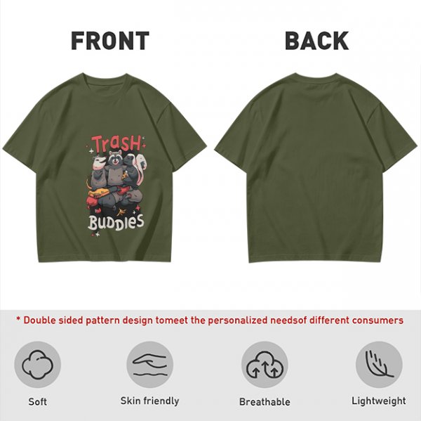 Olive green t-shirt with Trash Buddies raccoon possum and skunk graphic