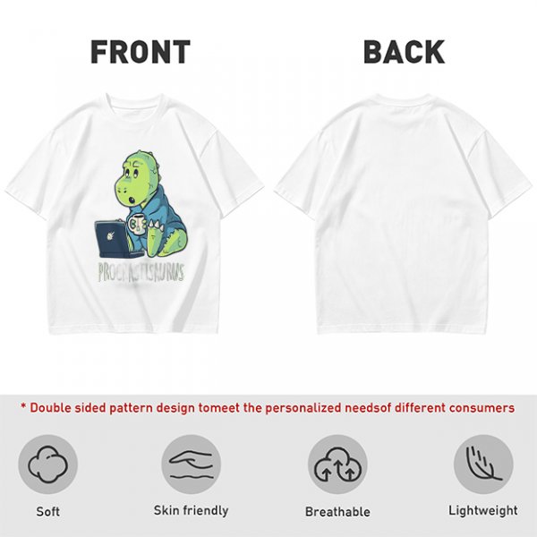 Olive t-shirt with a cartoon dinosaur working on laptop holding coffee