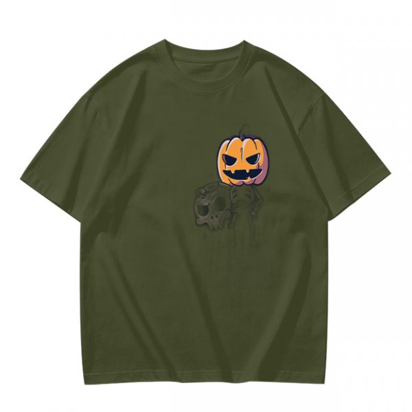 Olive Green T-Shirt with Halloween Jack-o'-Lantern and Skull Print
