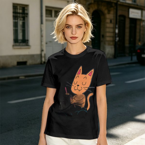 Olive T-Shirt with Cartoon Cat at Grave Print