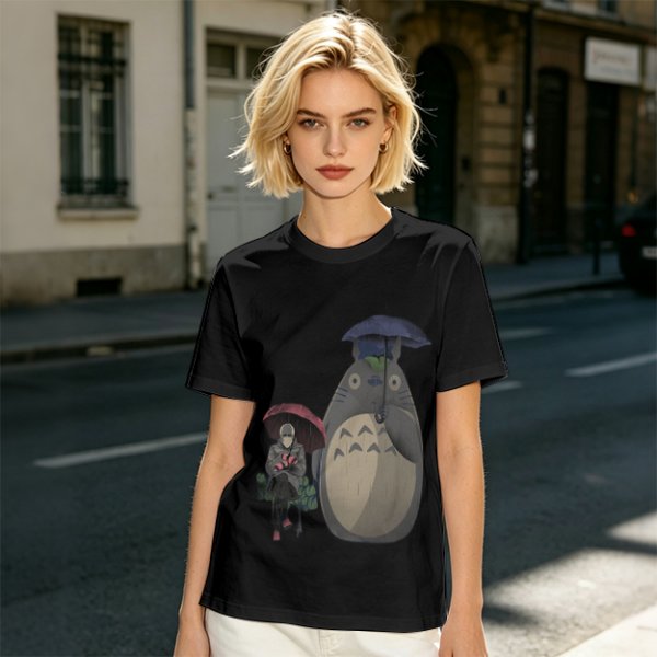 Olive T-shirt with Totoro and masked figure under umbrellas print