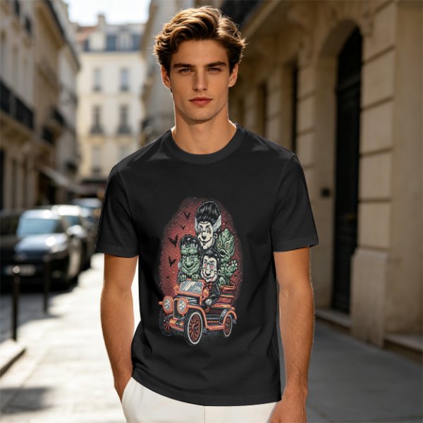 Halloween Monster Characters Driving Vintage Car Graphic T-Shirt