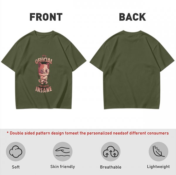 Olive Graphic T-Shirt With Insane Cat Illustration And Text