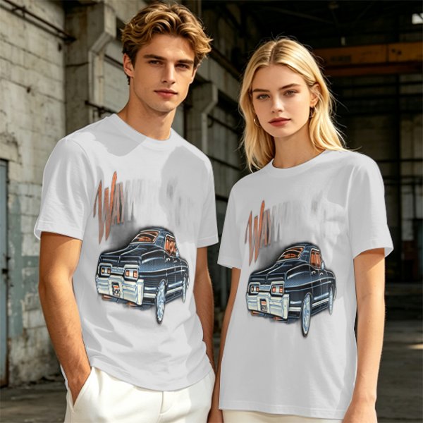 Olive Green Graphic T-Shirt with Classic Dark Car and Orange Text Print