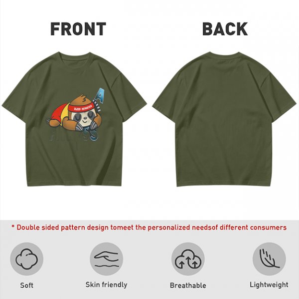 Olive green t-shirt with sleeping sloth graphic design