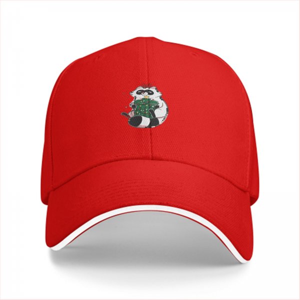 Black baseball cap with cute raccoon holding a decorated Christmas tree