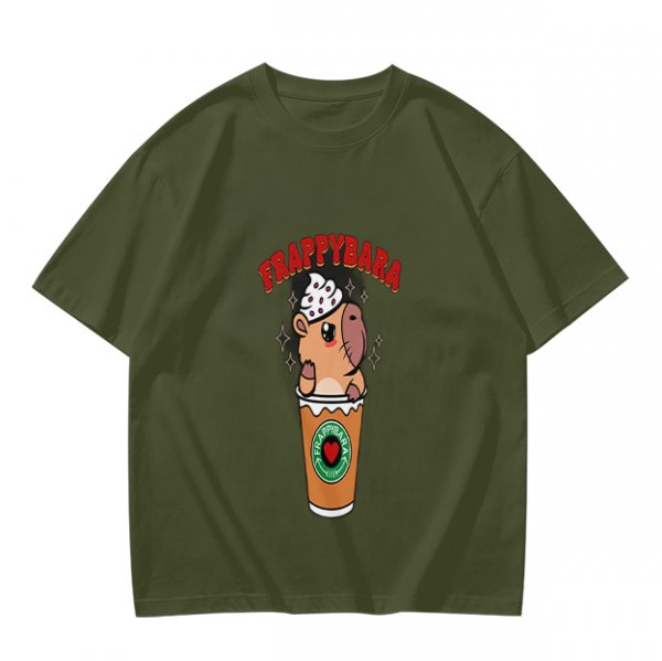 Olive T-Shirt With Capybara Frappuccino Graphic Print