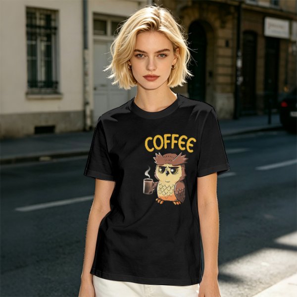 Owl Holding Coffee Mug Graphic Olive T-Shirt