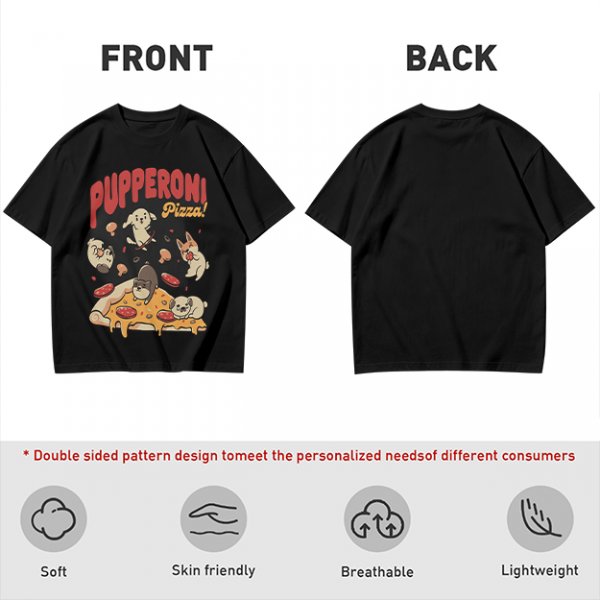 Olive green graphic t-shirt with playful pupperoni pizza dog design