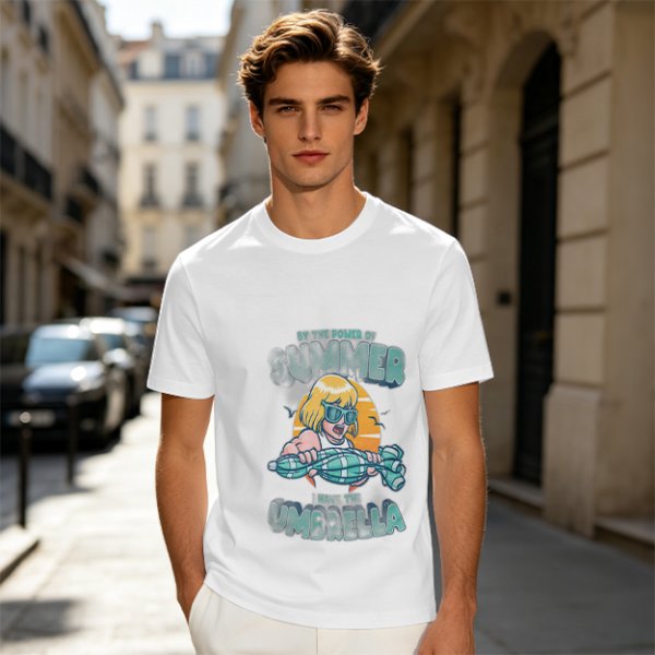 Olive Summer Umbrella Graphic T-Shirt with Retro Beach Illustration