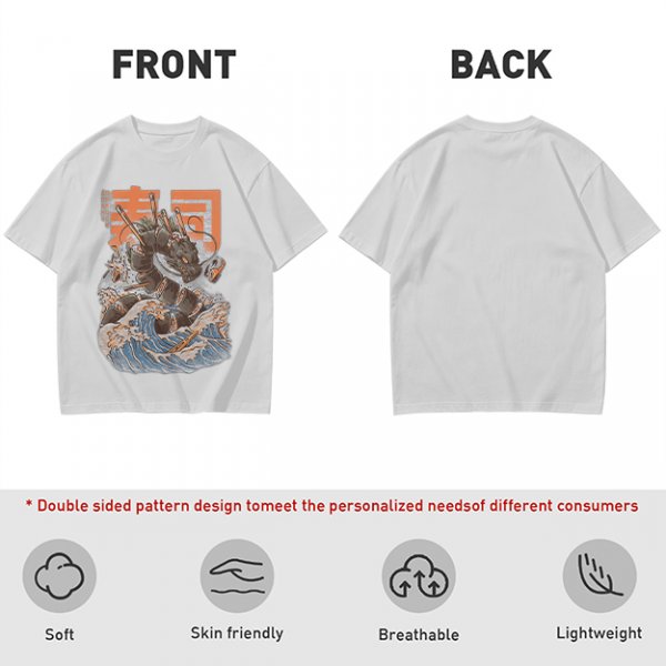 Olive T-shirt with Sushi Dragon Wave Graphic Print