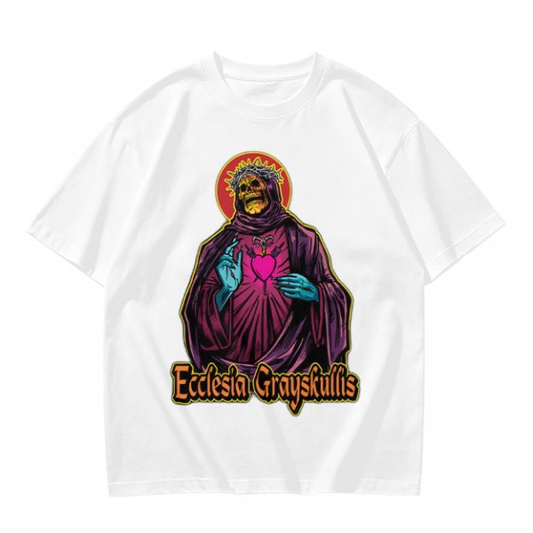 Olive t-shirt with skeleton religious graphic and Ecclesia Grayskullis text