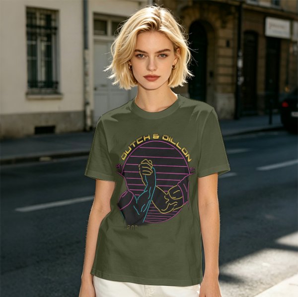 Olive T-Shirt With Dutch & Dillon Arm Wrestling Neon Graphic