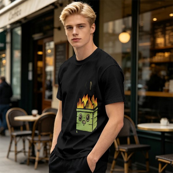 Olive Green T-Shirt With Cartoon Burning Dumpster Graphic
