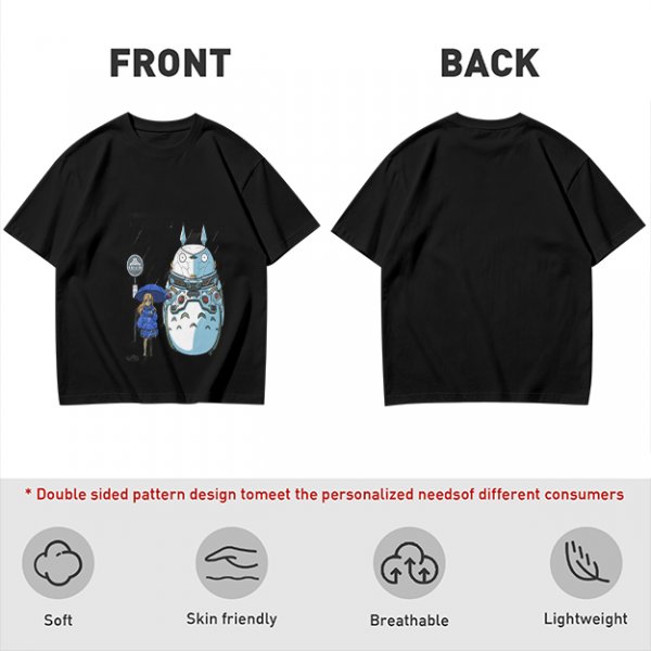 Olive T-Shirt with Mech Totoro and Girl at Bus Stop Print