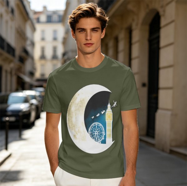 Olive T-Shirt with Crescent Moon London Skyline Flying Figures Print