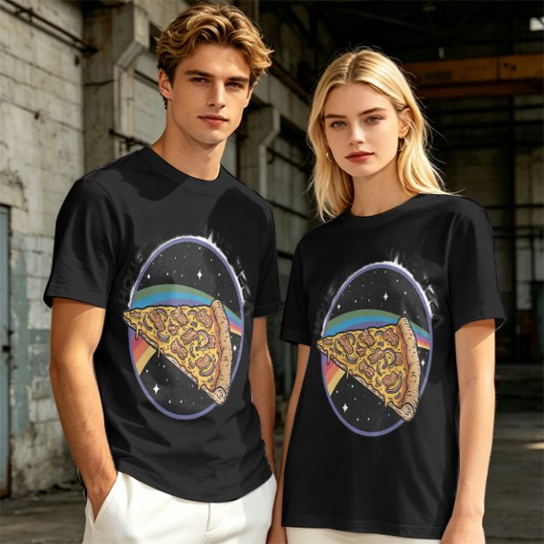 Olive t-shirt with space pizza graphic and Houston have pizza text