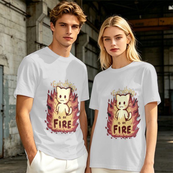 Olive Graphic T-Shirt With Everything Is On Fire Cat Design