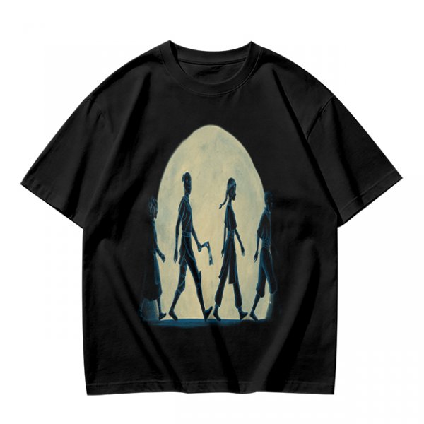 Olive T-shirt with Walking Silhouettes Under a Large Moon