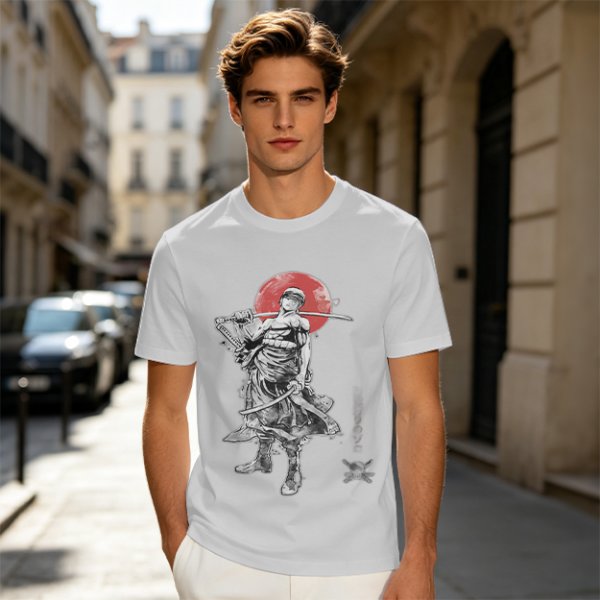 Olive T-shirt with Samurai Swordsman and Red Sun Print