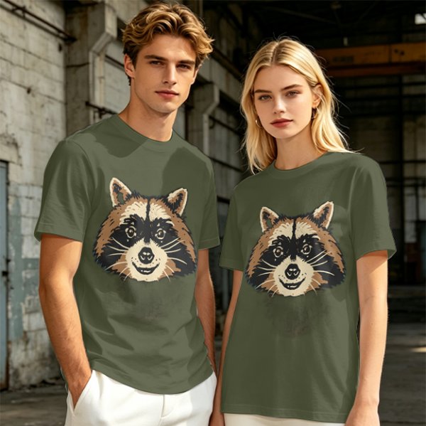 Olive Green T-Shirt With Smiling Raccoon Graphic Print