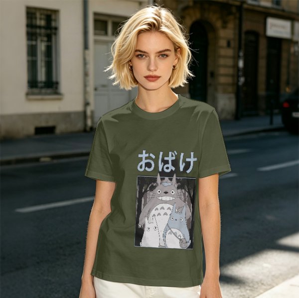 Olive green graphic tee with Totoro forest spirit print