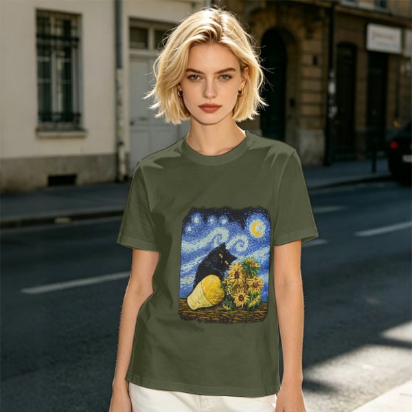 Olive T-Shirt with Starry Night Cat and Sunflowers Art Print