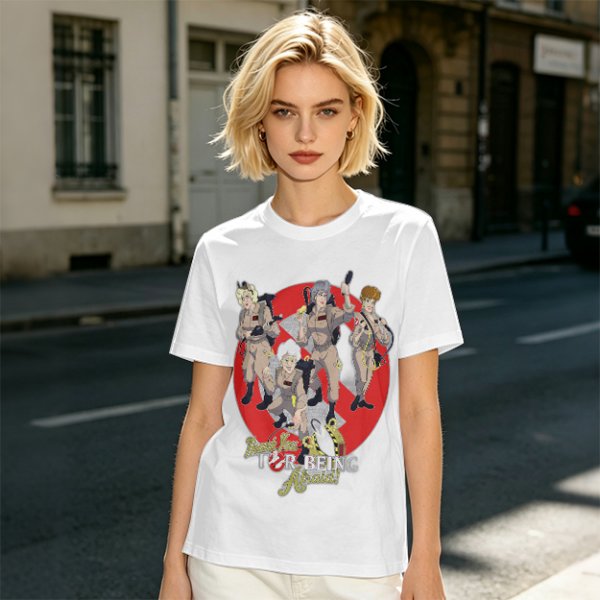 Olive T-shirt with Ghostbusters parody female character graphic print