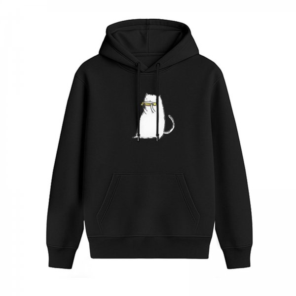 Black Hoodie With White Cat Holding Banana Graphic Print