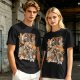 Olive green anime graphic t-shirt with monster and city scene